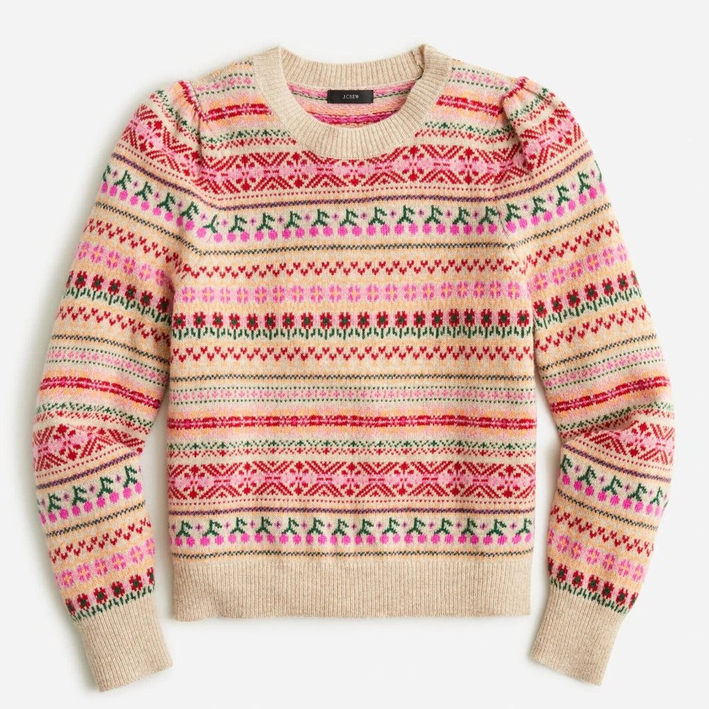 J. Crew Puff Sleeve Fair Isle Crew Neck Sweater size M
